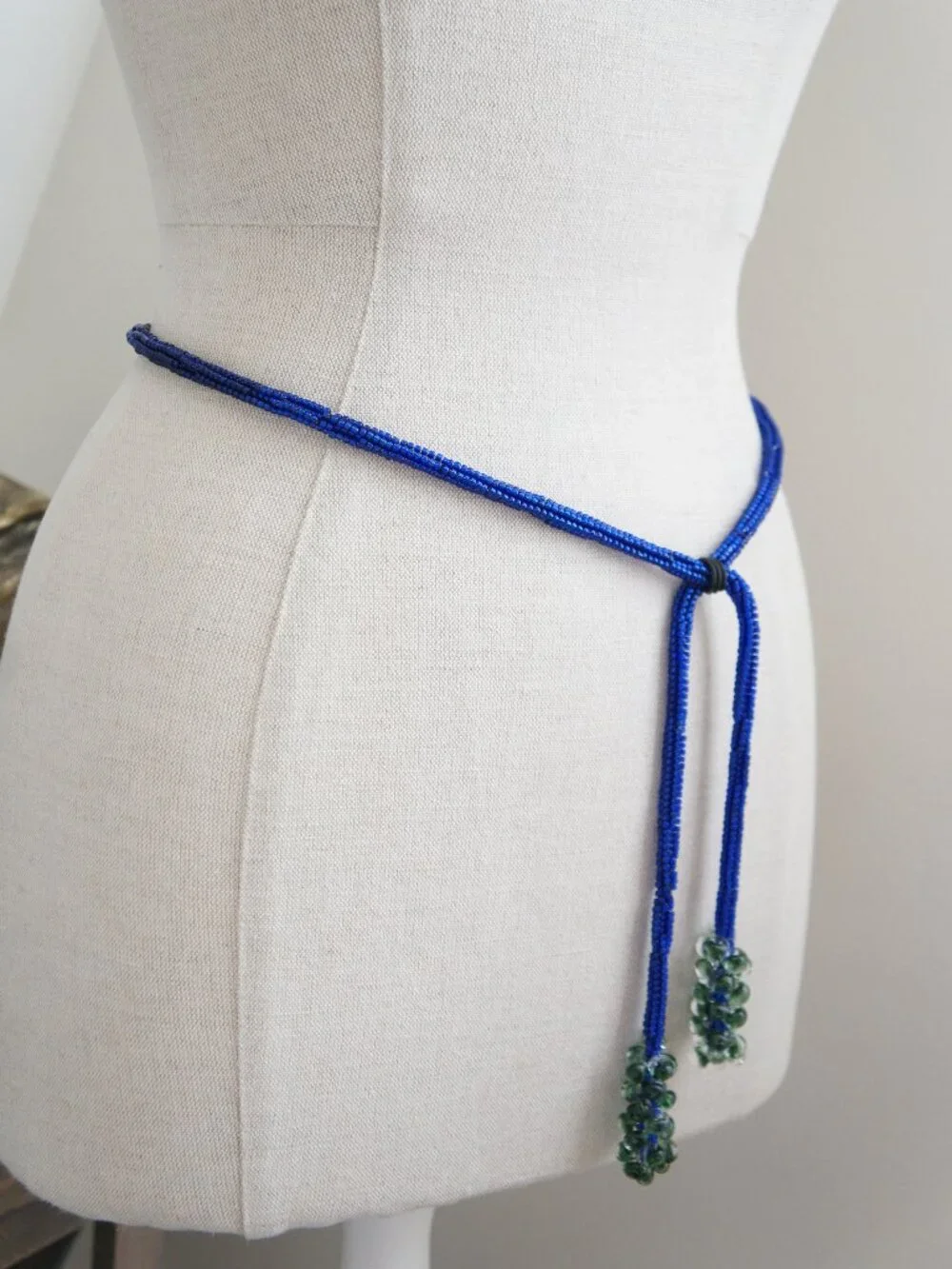 Vintage Blue & Green Long Adjustable Beaded Rope Belt or Necklace